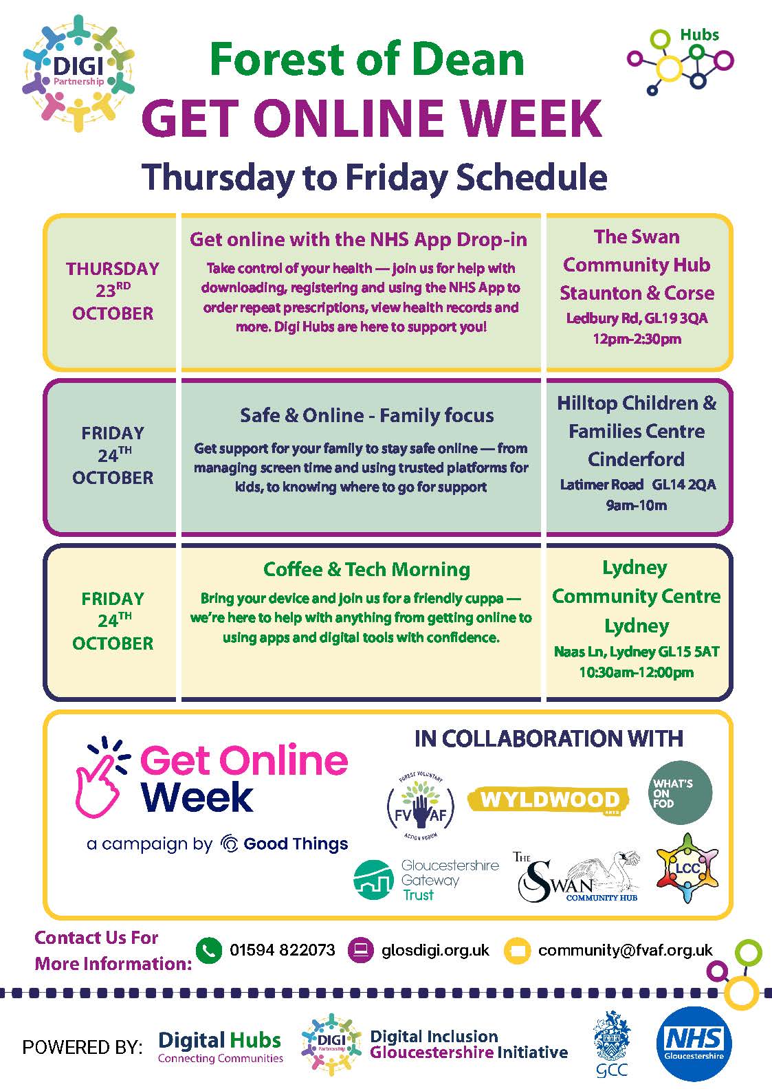 FoD Get Online Week Thurs-Fri Schedule. For more info go to www.glosdigi.org.uk or email community@fvav.org.uk or phone 01594 822073
